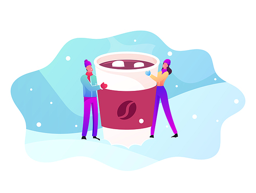 Characters Drink Hot Beverage in Winter Holidays Cold Season. Tiny Man and Woman Hold Huge Cup with Hot Chocolate or Cocoa with Marshmallow Piece at Snowy Landscape. Cartoon People Vector Illustration