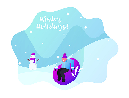 Boy Sliding Off Snow Hill on Tubing at Park or Resort. Young Child Character in Knitted Hat and Scarf Sledging at Inflatable Tube, Snowtubing Outdoors Winter Activity. Cartoon Vector Illustration