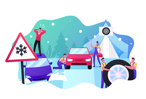 Mechanics Change Summer Tyres on Winter ones. Desperate Male Character Stand on Roof of his Car Stuck in Deep Snowdrift, Road Safety, Accident, Garage Service. Cartoon People Vector Illustration