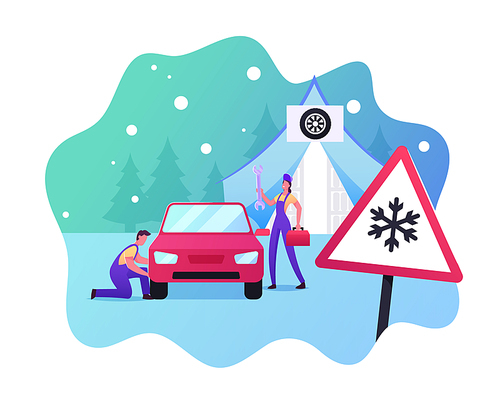 Road Safety, Accident, Garage Service Concept. Mechanics Characters Change Summer Car Tyres on Winter ones. Professional Transportation Expertise, Repairman Work. Cartoon People Vector Illustration