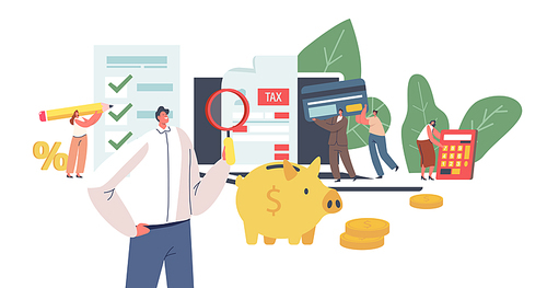 Characters Make Online Tax Payment Concept. Tiny Young Woman Filling Huge Application for Tax Form. Online Taxation Submitting System, Payment Calculating. Cartoon People Vector Illustration