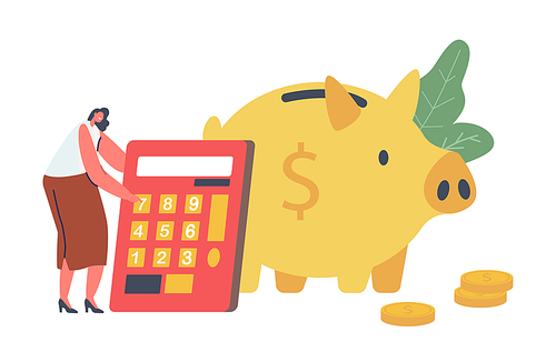 Tiny Female Character Online Tax Payment, Woman with Huge Calculator, Dollar Coins, Piggy Bank. Finance Budget Planning and Accounting Concept. Audit, Savings Income. Cartoon Vector Illustration