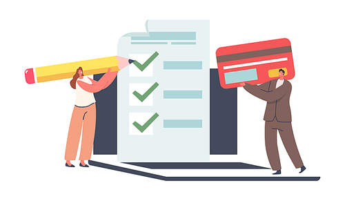 Online Tax Payment Concept. Young Woman Filling Application for Tax Form. Man with Bank Card at Huge Laptop. Tiny Characters Calculating Payment or Finance Report. Cartoon People Vector Illustration