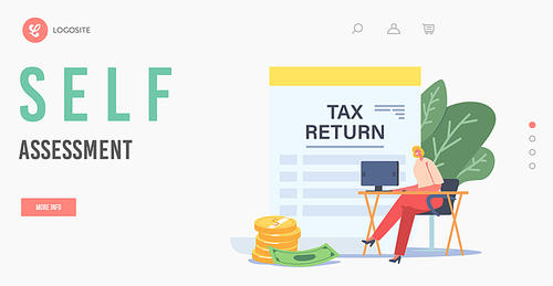 Self Assesstment, Tax Return Landing Page Template. Tiny Businesswoman Character Sitting at Desk with Computer near Huge Refund Document. Money Income, Statement. Cartoon Vector People Illustration