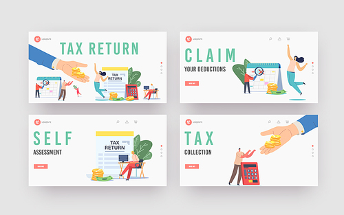 Tax Return Landing Page Template Set. Characters Get Money Refund for Purchasing, Mortgage or Health Care Service. People Save Budget, Huge Hand Give Money to Girl. Cartoon Vector People Illustration