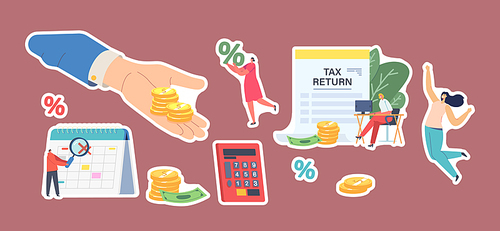 Tax Return Stickers Set. Happy Male and Female Characters Getting Money Refund for Purchasing or Shopping in Store. Hand with Coins, People Economy, Save Budget. Cartoon Vector Illustration Elements