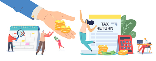 Tax Return Concept. Male or Female Characters Getting Money Refund for Purchasing, Mortgage or Health Care Service. People Save Budget, Huge Hand Give Money to Girl. Cartoon Vector People Illustration