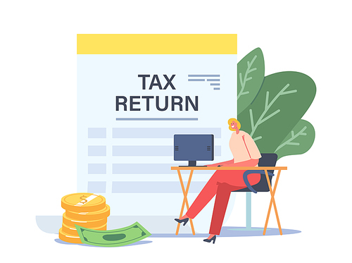 Tax Return Concept. Tiny Businesswoman Character Sitting at Workplace Desk with Computer near Huge Taxation Refund Document. Money Income, Financial Statement. Cartoon Vector People Illustration