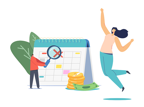 Happy Female Character Jumping at Huge Calendar with Crossed Date. Man with Magnifier and Pile of Golden Coins and Bills, Tax Return, Banking Debt or Mortgage End. Cartoon Vector People Illustration