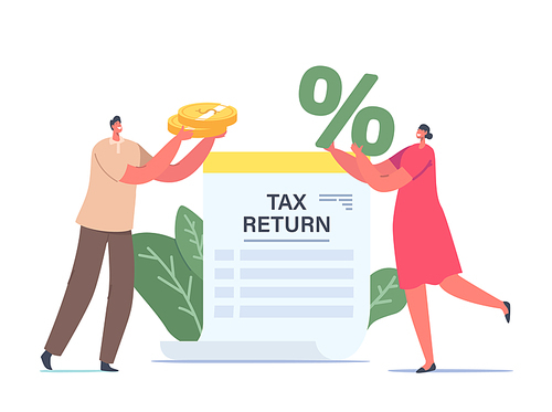 Tiny Male and Female Characters Holding Huge Golden Coins and Percent Symbol at Tax Return Paper Document. Money Cashflow, Taxation, Financial Income Concept. Cartoon Vector People Illustration