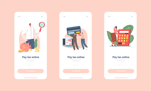 Characters Pay Tax Online Mobile App Page Onboard Screen Template. People with Piggy Bank and Calculator Online Taxation Submitting System, Payment Calculating Concept. Cartoon Vector Illustration