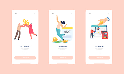 Tax Return Mobile App Page Onboard Screen Template. Tiny Characters Getting Money Refund for Purchasing, Mortgage or Health Care Service, People Save Budget Concept. Cartoon Vector Illustration