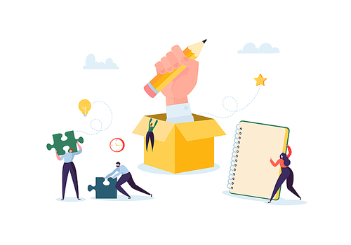 Creativity and Innovation Idea Concept. Creative Flat People Characters Working Together on New Project. Man with Puzzle, Woman with Note Pad. Vector illustration