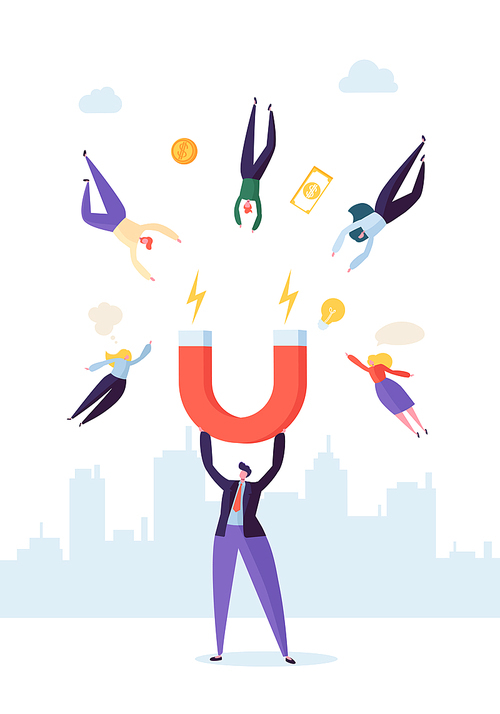 Businessman Character with Big Magnet Attracting New Customers, Money and Ideas. Business Marketing Concept. Vector illustration