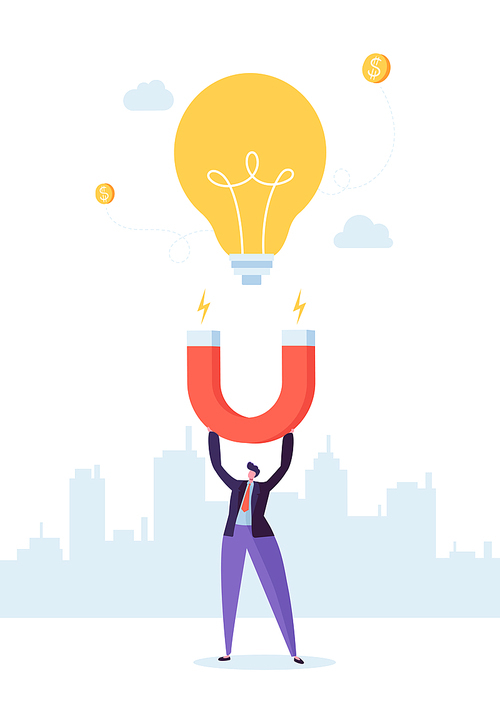 Businessman Character with Big Magnet Attracting New Idea Light Bulb. Business Innovation Concept. Vector illustration