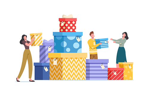 Happy People Carry Gift Boxes Wrapped with Festive Bow. Male and Female Characters Prepare Presents for Family and Friends on Boxing Day Holidays or Birthday Celebration. Cartoon Vector Illustration