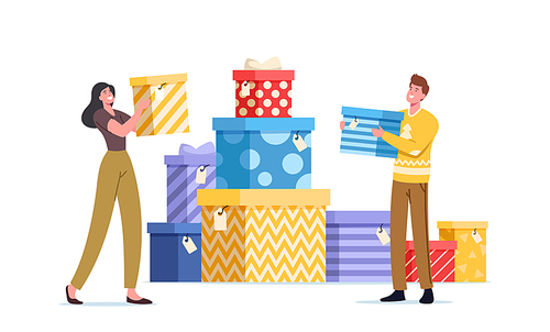 Happy People Carry Wrapped Gift Boxes and Put in Huge Pile. Male and Female Characters Prepare for Holidays Celebration. Men Women Buying Presents for Family and Friends. Cartoon Vector Illustration