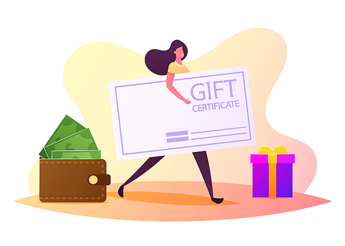 Female Character Carry Huge Gift Certificate near Gift Box and Wallet with Money. Festive Sale and Shopping Promotion Offer, Woman Using Coupon or Card for Buying Goods. Cartoon Vector Illustration