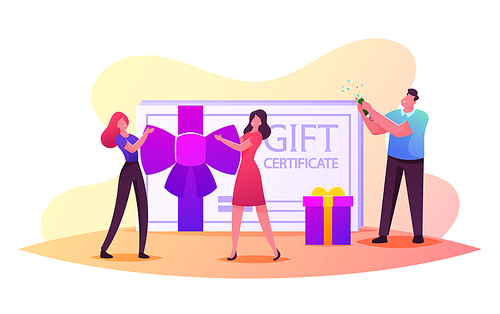 Gift Certificate and Sale Concept. Happy People Shopping Recreation. Customer Characters Buying Goods Using Discount Bonus Coupon. Consumerism Price Off Promo, Cartoon People Vector Illustration