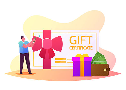 Customers Care and Loyalty Program Concept. Tiny Man Buyer Character Stand at Huge Certificate, Gift Box and Wallet with Money Shooting Flapper. Consumerism, Special Offer. Cartoon Vector Illustration