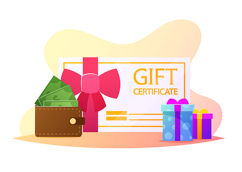 Gift Certificate with Wallet, Money and Wrapped Boxes with Present, Sale Concept. Shopping Recreation. Customer Care, Goods Buying with Discount Bonus Coupon. Consumerism. Cartoon Vector Illustration