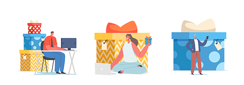 Gift for Subscription Concept. Tiny Characters Getting Presents for Subscribe Online in Internet Social Media Networks, Seller Promotional Campaign, E-commerce. Cartoon People Vector Illustration