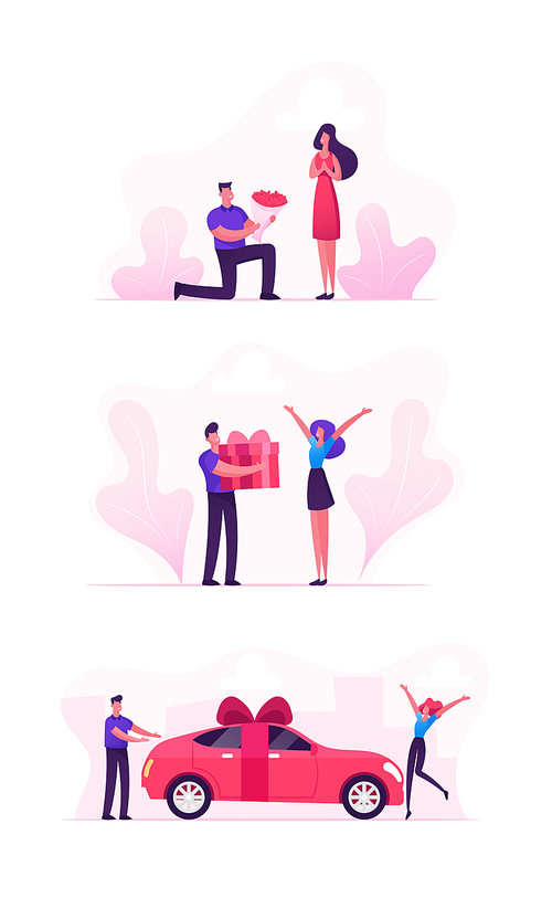 Loving Couple Set with Man Giving Presents to Girl. Happy Surprised Women Getting Car, Flower Bouquet and Gift Box Wrapped with Bow as Presents. Love Human Relations Cartoon Flat Vector Illustration