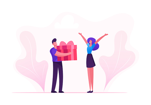 Loving Boyfriend Presenting Huge Wrapped Gift Box to Girlfriend on Happy Valentine Day, Birthday or any Holiday. Man and Woman in Relations. Happiness Surprise Love Cartoon Flat Vector Illustration