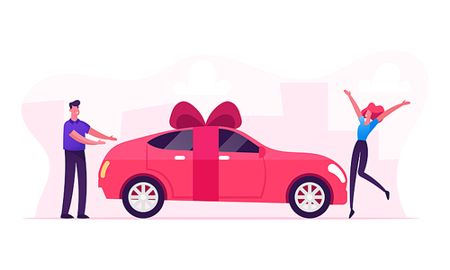 Man Giving Car with Bow as Present. Happy Surprised Woman Jumping with Hands Up near Vehicle with Ribbon on Cityscape Background. Luxury Automobile Gift for Girlfriend Cartoon Flat Vector Illustration