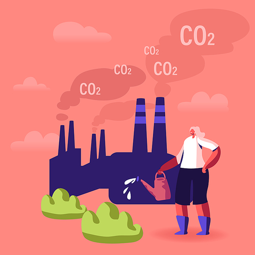 Global Warming, Environment Pollution, Global Heating Impact Concept. Woman Care of Green Plants Watering from Can against Factory Pipes Emitting CO2 Gas and Smoke. Cartoon Flat Vector Illustration