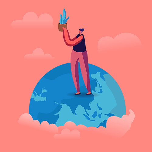 Young Woman Stand on Earth Globe Holding Potted Plant in Hands. Save the Planet Concept. Problem of Global Warming and Nature Pollution. Volunteer Care of Environment Cartoon Flat Vector Illustration