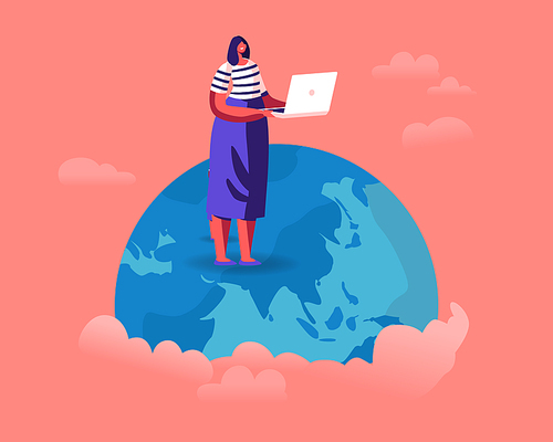 Woman Stand on Earth Globe with Laptop Analysing Worldwide Situation and Reading News of Global Warming and Nature Pollution Problems. Volunteer Care of Environment Cartoon Flat Vector Illustration