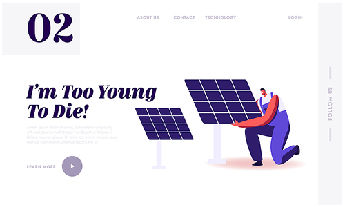 Green Energy, Global Warming and Environment Problems Website Landing Page. Man Set Up Solar Panel. Renewable Sun Power, Clean Electricity Development Web Page Banner. Cartoon Flat Vector Illustration