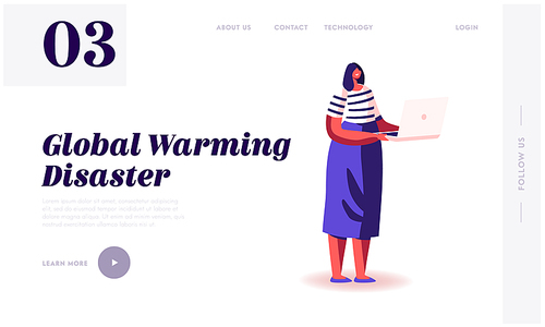 Global Warming and Nature Pollution Problem Website Landing Page. Woman with Laptop Analysing Worldwide Situation and Reading News of Environment Web Page Banner. Cartoon Flat Vector Illustration