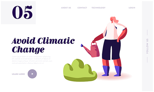 Global Warming, Environment Pollution, Global Heating Impact Website Landing Page. Woman Watering and Care of Green Plants to Avoid Climatic Changes Web Page Banner. Cartoon Flat Vector Illustration