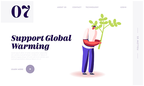 Ecological Issues, Global Warming, Environment Care, Day of Earth Website Landing Page. Man Planting Tree to Reduce Emitting CO2 Gas and Saving Nature Web Page Banner. Cartoon Flat Vector Illustration