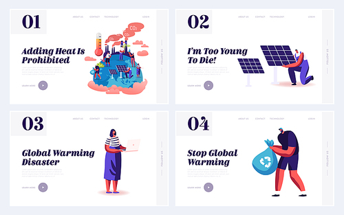 Stop Global Warming and Nature Pollution Website Landing Page. Earth Atmosphere Temperature Rising, Factory CO2 Gas Emission, Plastic Garbage Ecology Web Page Banner. Cartoon Flat Vector Illustration