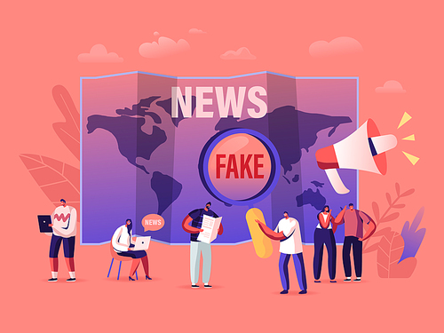 Fake News and Gossips. Tiny People Reading Newspapers and Social Media Information in Internet on World Map Background, False Info Fabrication Concept with Cartoon Characters. Vector Illustration