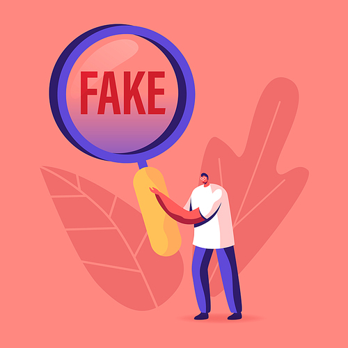 Social Media Forgery Information Concept. Male Character with Huge Magnifying Glass Looking on Fake News Typography. People Blabber, Read False Info, Spreading Scandals. Cartoon Vector Illustration