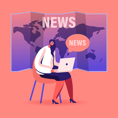 Fake News Concept. Female Character with Laptop Sit on World Map Background Reading Social Media Information in Internet, Anchorwoman or Journalist Broadcast Breaking News. Cartoon Vector Illustration