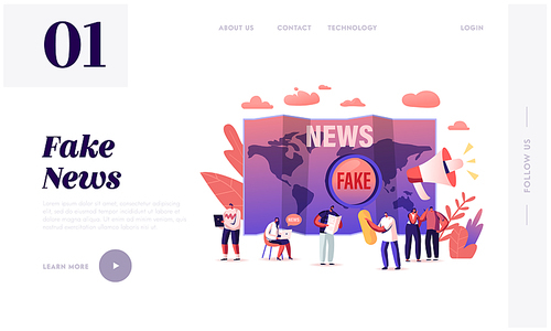 Fake News and Gossips Landing Page Template. Tiny People Reading Newspapers and Social Media Information in Internet, False Info Fabrication Concept with Cartoon Characters. Vector Illustration