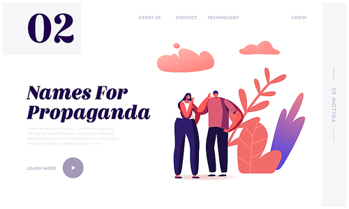 Fake News Landing Page Template. Characters Telling Gossips and Scandal Tales to Each Other on Street. People Spreading Wrong Scandalize Information, Mass Media False Info. Cartoon Vector Illustration
