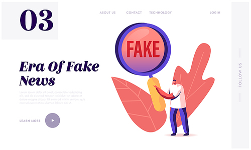 Social Media Forgery Information Landing Page Template. Male Character with Huge Magnifying Glass Looking on Fake News. People Blabber, Read False Info, Spreading Scandals. Cartoon Vector Illustration