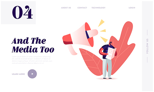 Fake News, Information and Disinformation Landing Page Template. Male Character Read Newspaper near Huge Megaphone Speaking. Mass Media Manipulation, Gossip Info. Cartoon People Vector Illustration