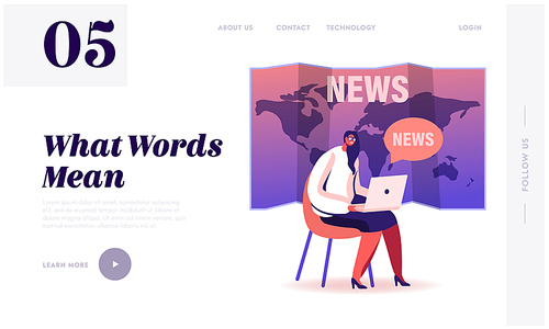 Fake News Landing Page Template. Female Character with Laptop Sit on World Map Background Reading Social Media Information in Internet, Broadcast Breaking News, Gossips. Cartoon Vector Illustration