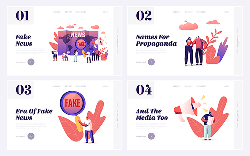 Fake News Information, Disinformation and Gossips Landing Page Template Set. People Reading Newspapers and Internet Articles with False Scandalize Info, Breaking News. Cartoon Vector Illustration