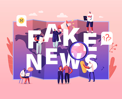 Fake News Concept. Tiny Characters Reading Newspapers and Social Media Information in Internet on World Map Background, False Info Fabrication Poster Banner Flyer. Cartoon People Vector Illustration