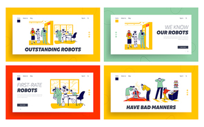 Human Characters Vs Robots, Spoiled Child Landing Page Template Set. Cyborg Kicking Employee Out of Office. Job Seekers Wait in Hall for Interview. Kids and Parents. Linear People Vector Illustration