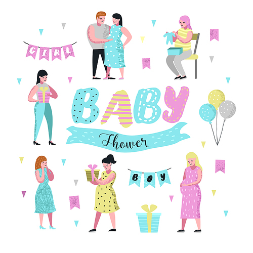 Baby Shower Decoration Set. Young Pregnant Mother Flat Characters with Balloons, Flags and Gifts. Newborn Child Card Invitation. Vector illustration