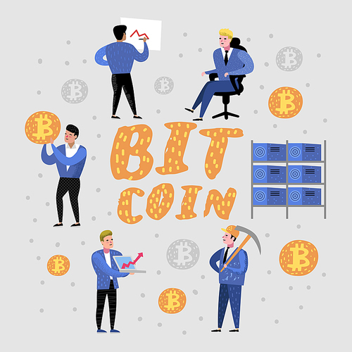 Bitcoin Concept with Cartoon Characters. Crypto Currency Virtual Money. Bitcoin Mining, Electronic Finance. Vector illustration